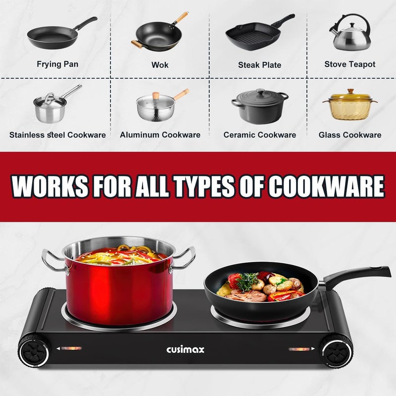 CUSIMAX لوحة ساخنة للطهي، 1800 واط موقد مزدوج بالأشعة تحت الحمراء، موقد كهربائي محمول مع تحكم في درجة الحرارة القابلة للتعديل، لوحة ساخنة من الزجاج السيراميكي للمبيت والمكتب والمنزل والتخييم، ستانلس ستيل أسود - Image 5